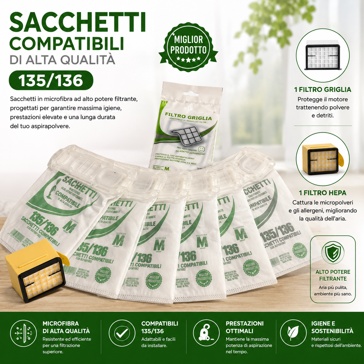 sacchetti compatibili vk135/136+filtro griglia+filtro hepa