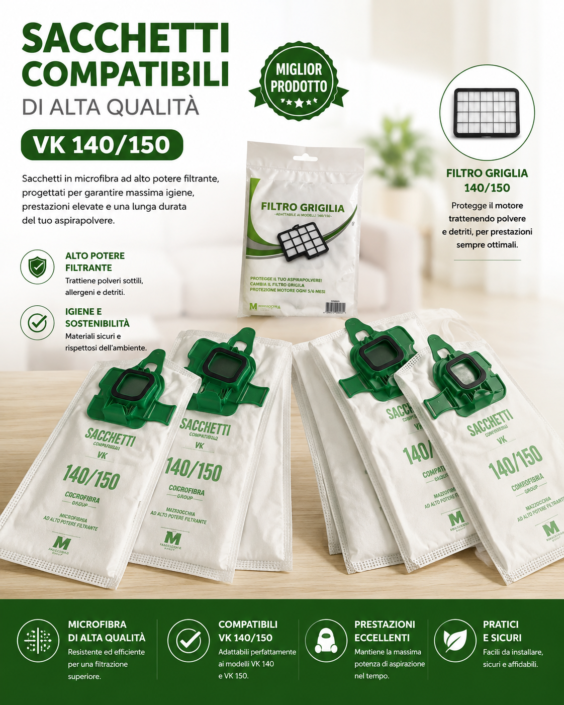 sacchetti compatibili di alta qualita' vk140/150+filtro griglia